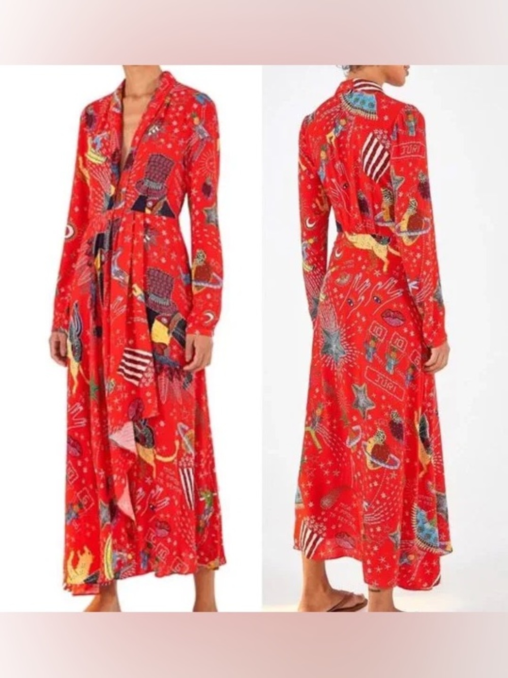 Farm Rio MEDIUM Carnival long sleeve draped maxi dress in red - Picture 2 of 10
